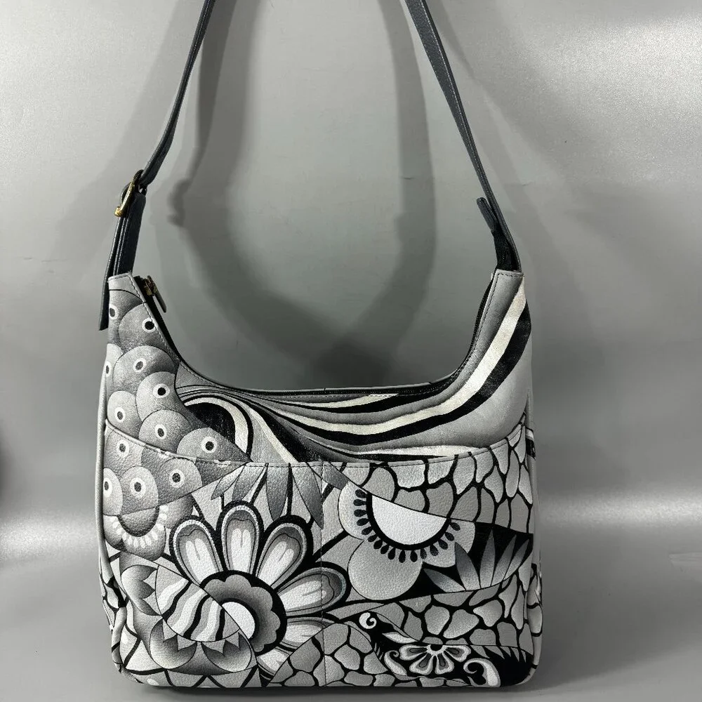 Anna by Anuschka Black/White Floral Leather Hobo Shoulder Bag - Picture 1 of 15